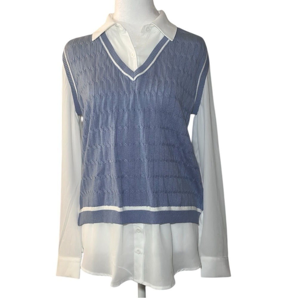 Belldini Blue and White Layered Ribbed Blouse